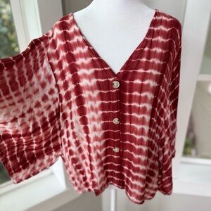 SHEIN Red White Boho Tie Dye Drapey Kimono V Neck Barrel Sleeve Top Sz Large